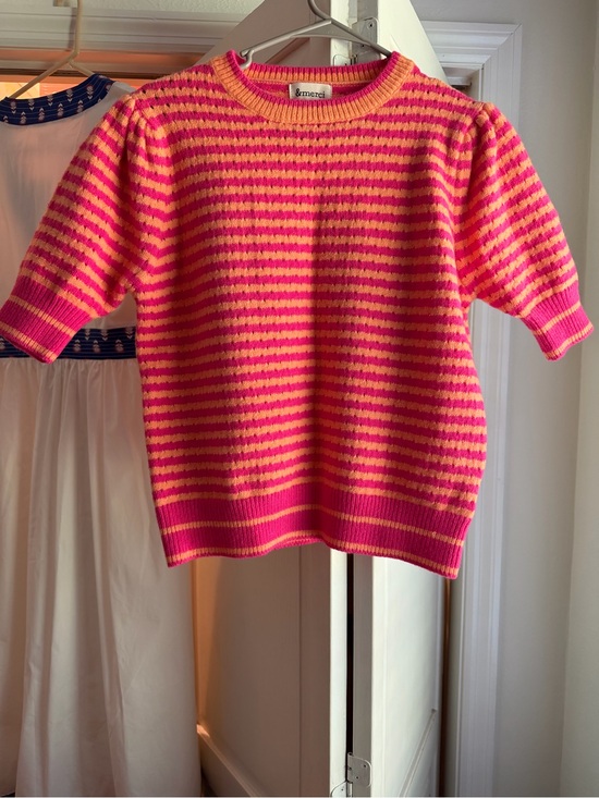 &merci Sweaters - Pink and Orange Striped Short-Sleeve Women's Sweater